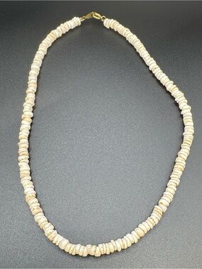 Vintage Clam Shell Heishi Bead Choker Necklace Brass Spring Clasp